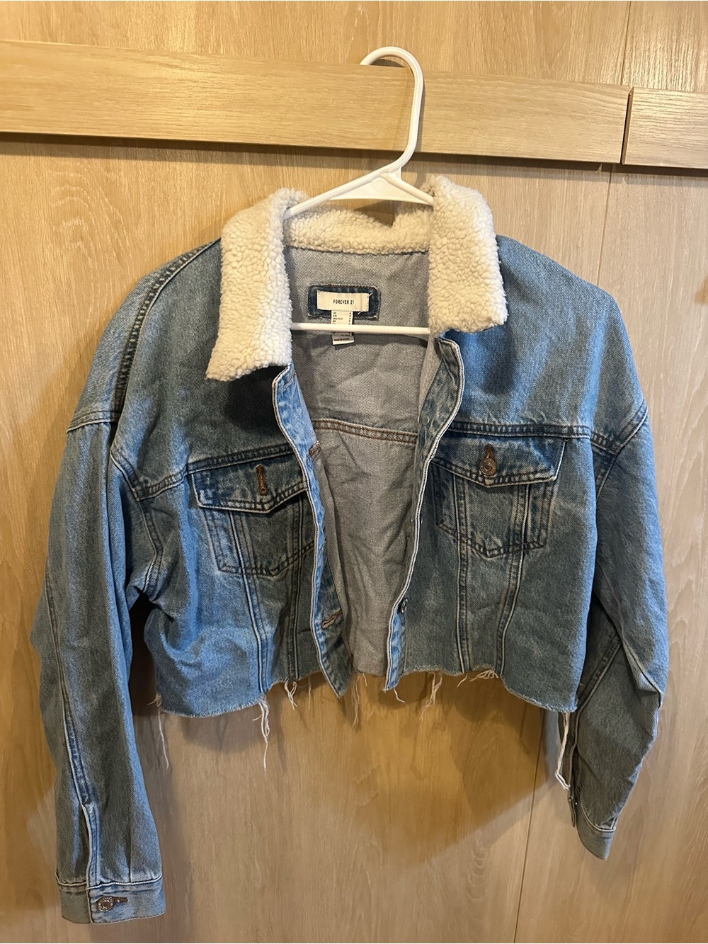 Forever 21 Light Blue Denim Jacket with Cream Sherpa Collar